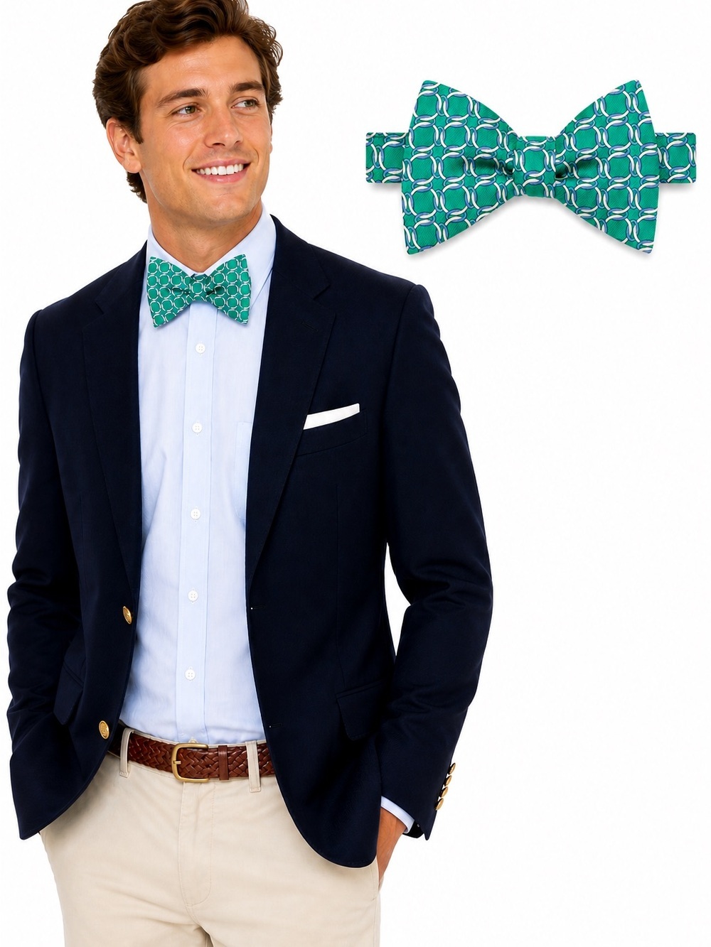 Brooks Brothers Silk Bow Tie Teal Aqua Color Adjustable Interlocking Circles